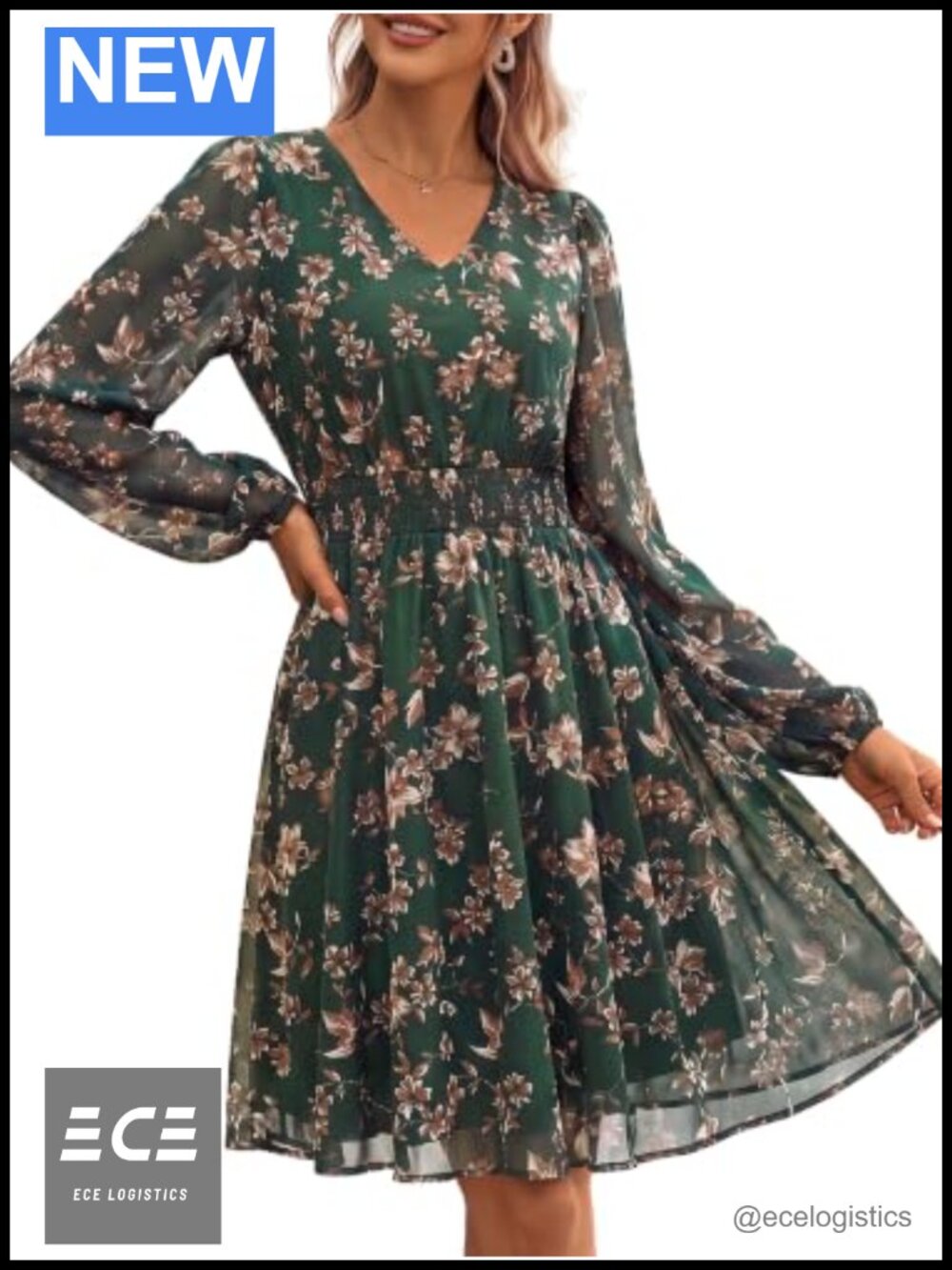 Women's Long Sleeve Floral Mini Dress V Neck Puff Sleeve A-Line